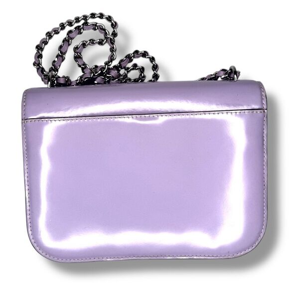 Tory Burch Purple Lavender Patent Leather Silver Logo Chain Britten Shoulder Bag - Picture 3 of 13